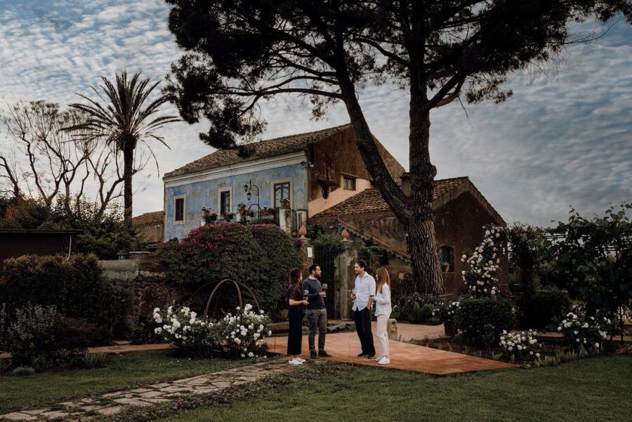 Etna Urban Winery - Tasting, sicilian platter and self tour - Courtyard time and views toward Mount Etna