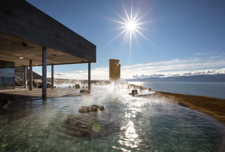Husavik: GeoSea Geothermal Baths Entrance Ticket - Arriving above Skjálfandi Bay